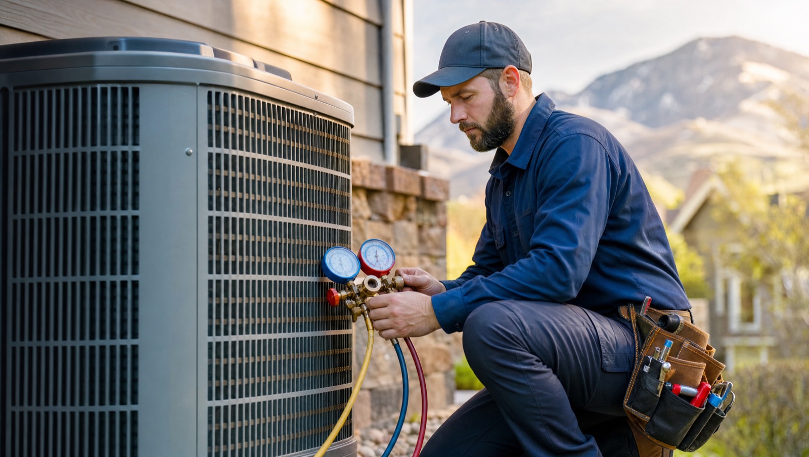 HVAC technician servicing an outdoor condenser unit