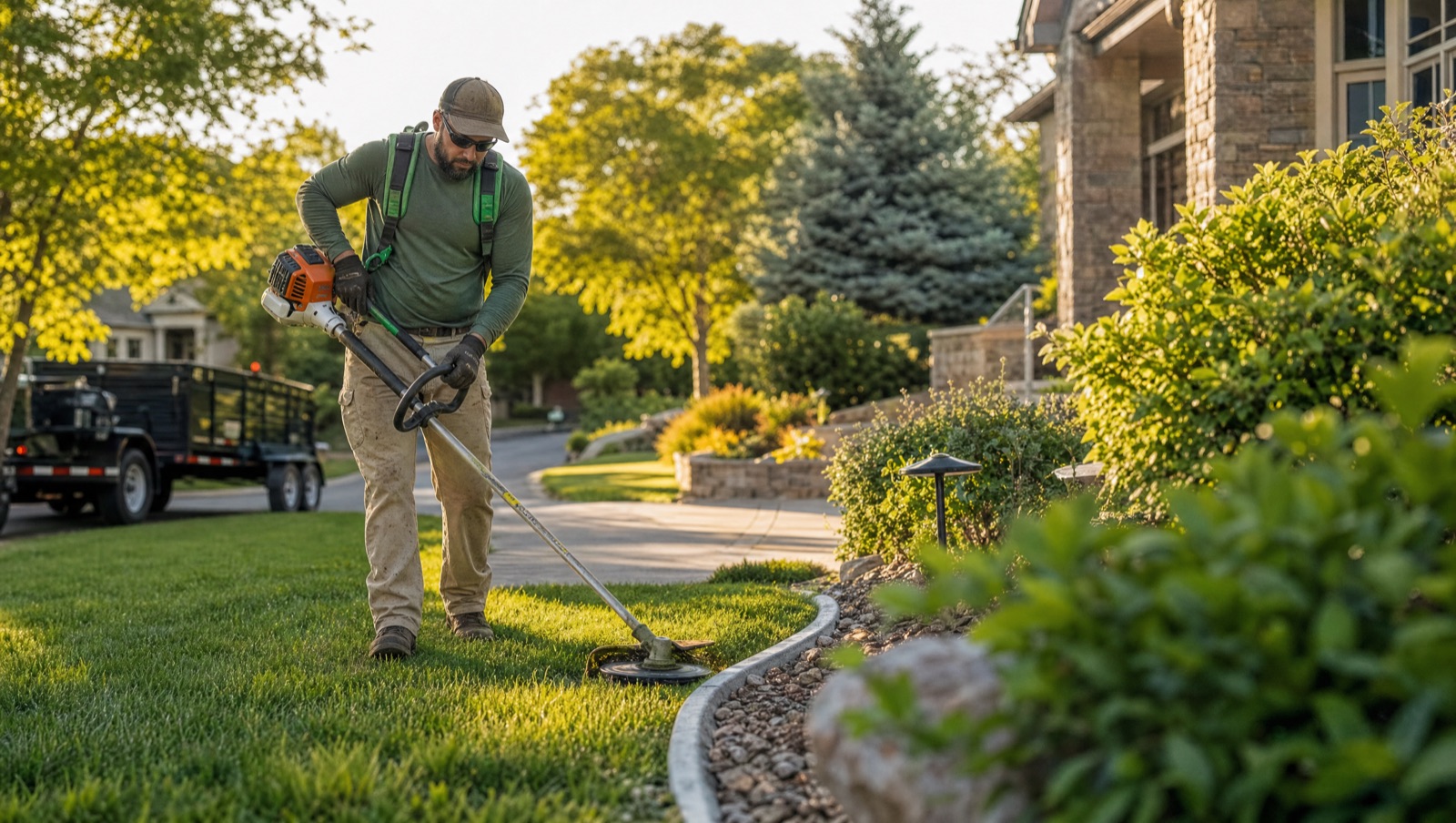 Lawn care crew member trimming a suburban lawn at golden hour
