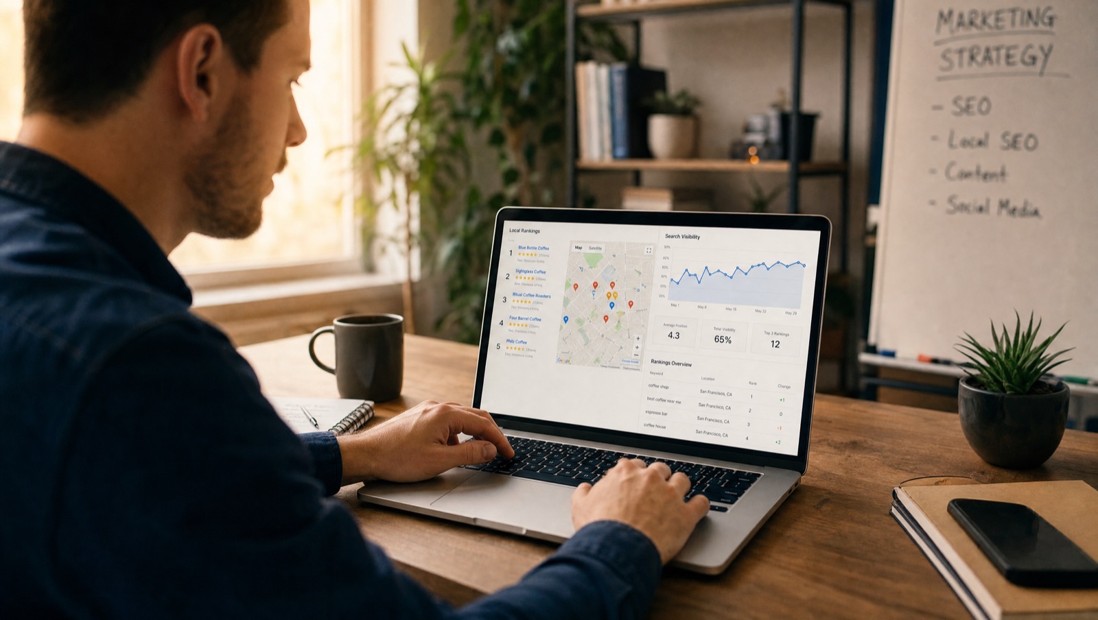 Strategist reviewing a local search ranking audit on a laptop